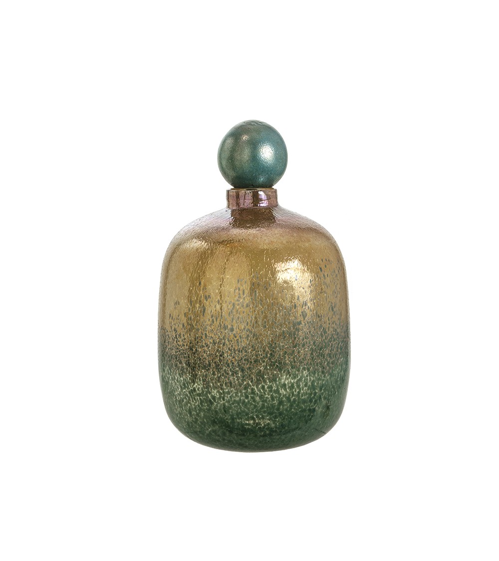 HOMEGURU-GL560 Γυάλινο χειροποίητο βάζο με πώμα σε μελανζέ πράσινο/μελί χρ.40cm