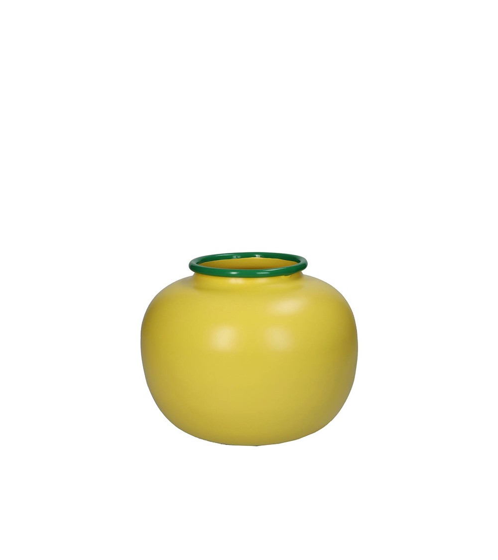 HOMEGURU-KAL-2102 Στρογγυλό μεταλλικό βάζο κίτρινο με πρασινο χείλος, 20x15.6cm