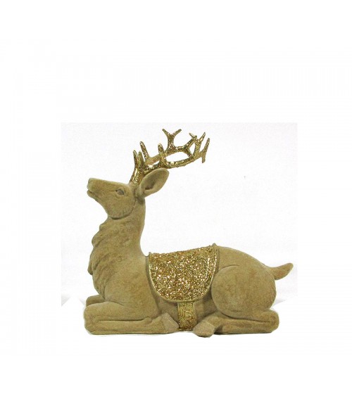 HOMEGURU-TM404 Sitting Reindeer flocked w/gold saddle,17cm